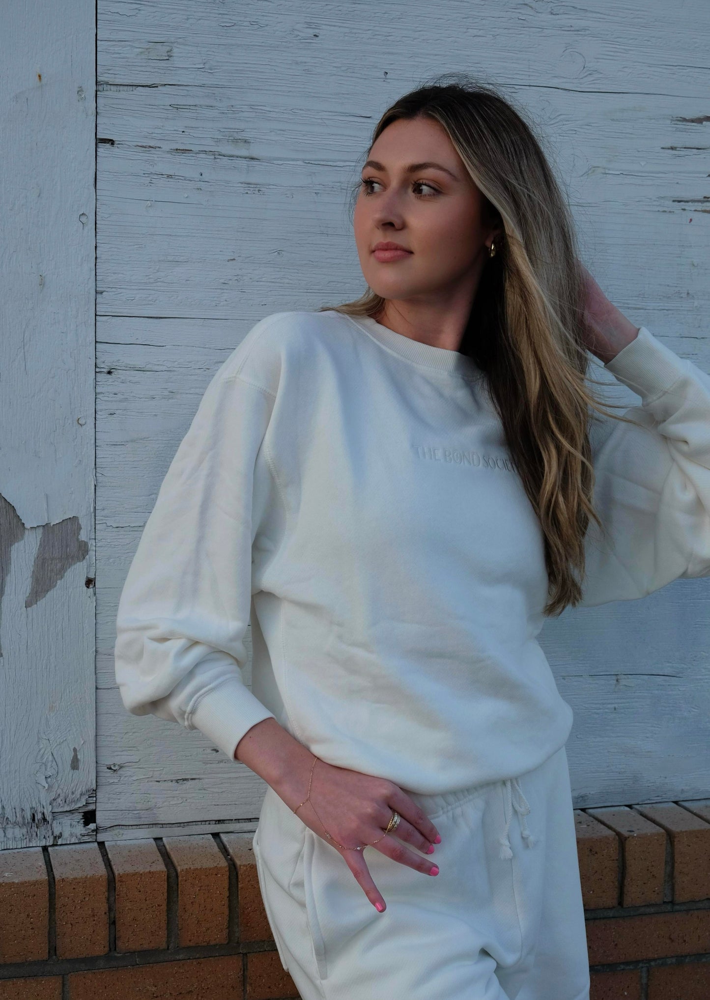 loungewear set. white crewneck. white sweatshorts.