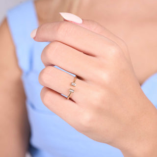 Baguette Diamond Open Ring in 14k gold – two baguette diamonds on an open cuff band
