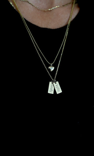 name tag necklace. custom necklace. name tags. gold necklace. fine jewelry. customization. 