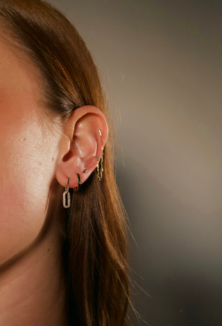 Close up of earring stack. Solid 14k gold. Paperclip Pavé Diamond Earrings