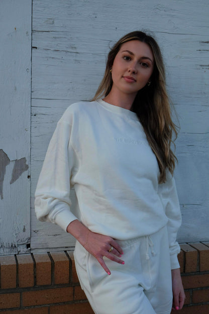 white loungewear set. cozy set. crewneck. sweatshort 