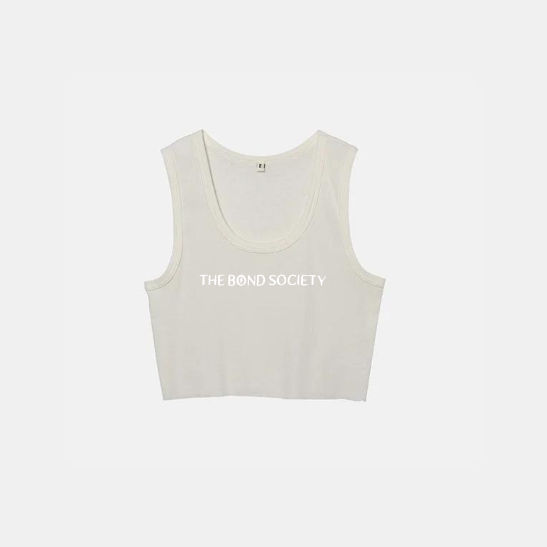 white crop top. white tank top. brand merch